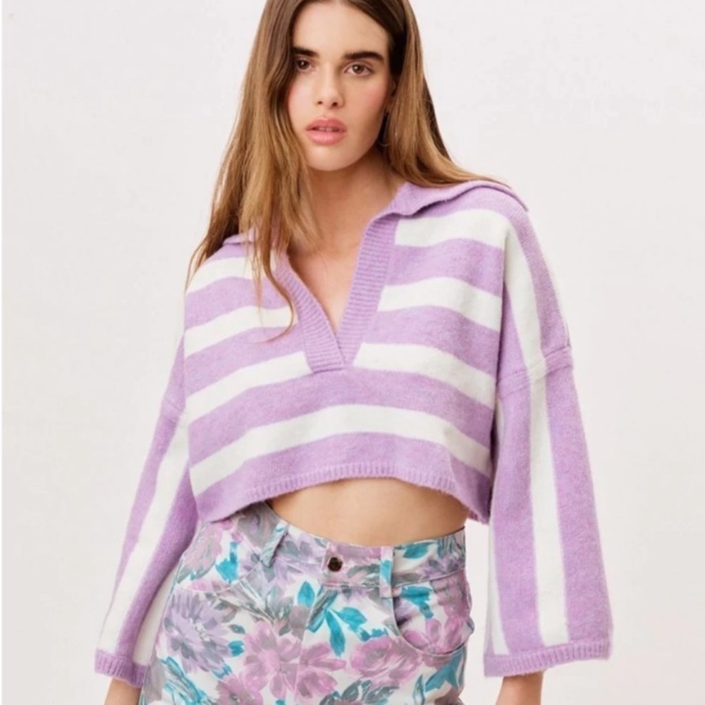 NWT For Love & Lemons Maud Boxy Crop Purple White Sweater Size Small